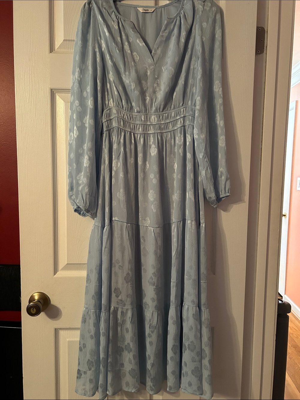 Simplee Light Blue Tiered Maxi Dress with Long Sleeves V neck size S